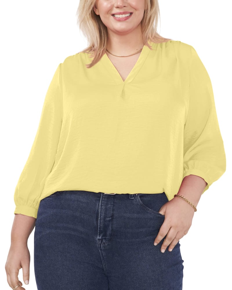 Front of a model wearing a size 1X Everley V-Neck Blouse in SUNBURST by Vince Camuto. | dia_product_style_image_id:261084